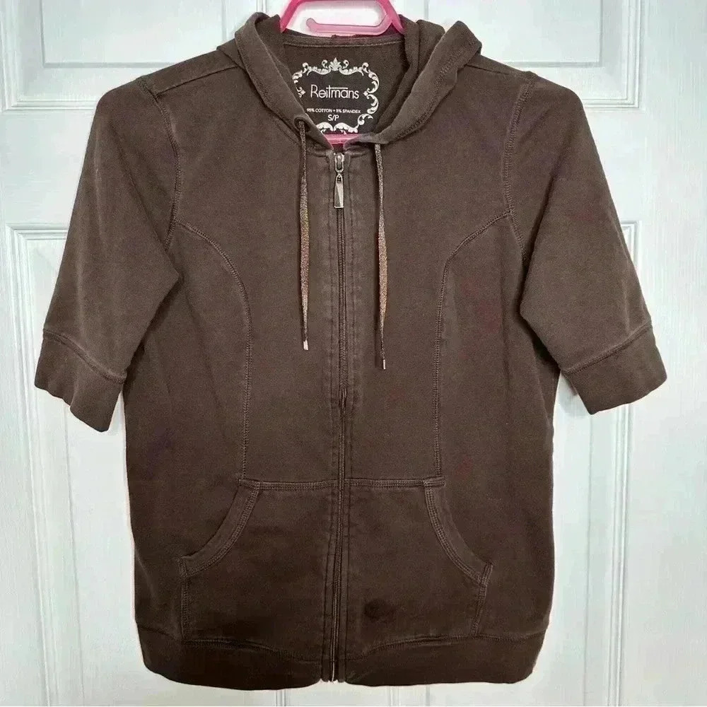 Reitmans Sweatshirt Hooded 1/2 Sleeves Brown Size Small